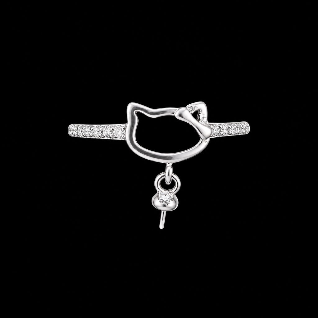 Simple Kitty Sparkle Pearl Drop Ring