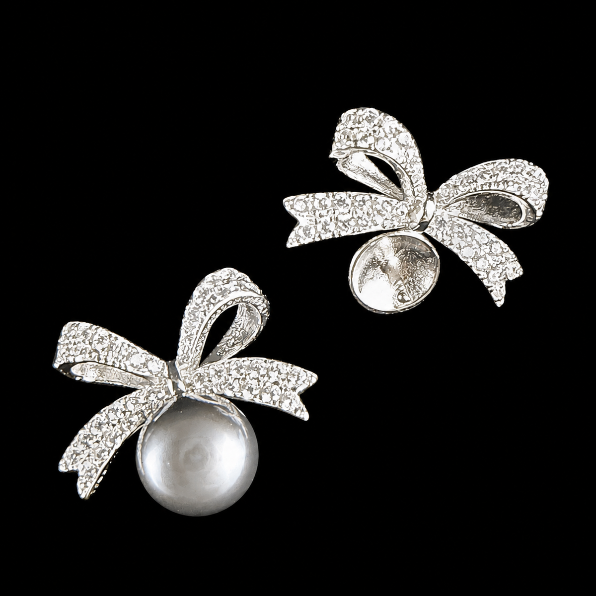 Silver Sweet Sparkle Bow Pearl Earrings