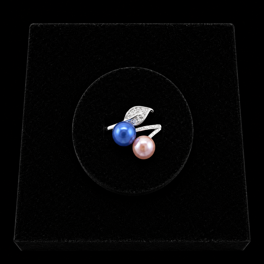 Twin Glinting Leaf Pearl Ring