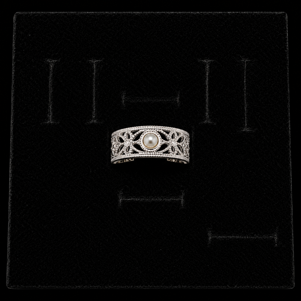 Silver Vintage Lace Pearl Ring
